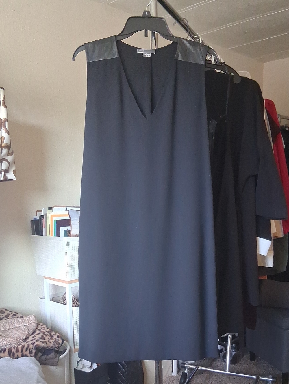 Vince Black Mini Dress with Faux Leather Shoulder Panels And Pockets